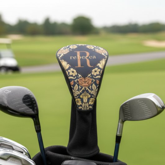 William Morris Elegant Gold Black Floral Monogram Golf Headcover