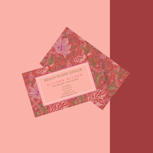 William Morris - Elegantes Rot & Rosa Floral Visitenkarte