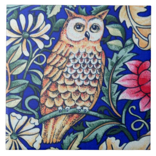 William Morris Eulen-Tapete, Beige und Kobaltblau Fliese