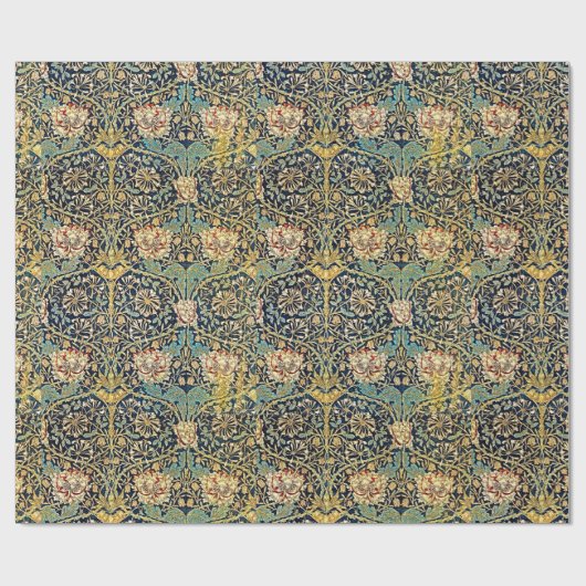 William Morris Floral Pattern Gold Turquoise Red Geschenkpapier (Flach)