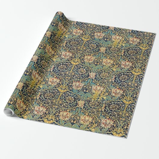William Morris Floral Pattern Gold Turquoise Red Geschenkpapier (Ungerollt)