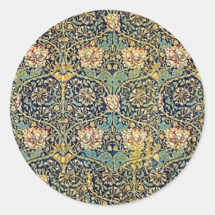 William Morris Floral Pattern Gold Turquoise Red Runder Aufkleber