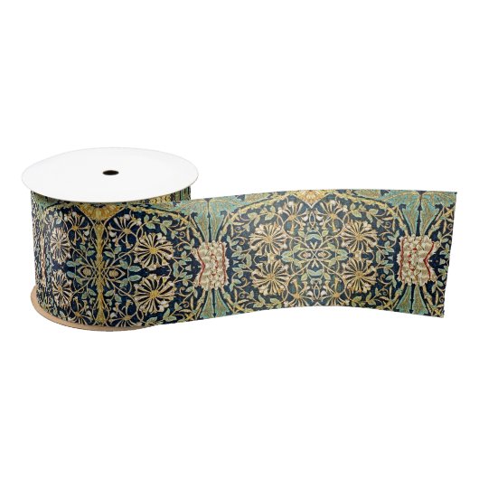 William Morris Floral Pattern Gold Turquoise Red Satinband (Spule)