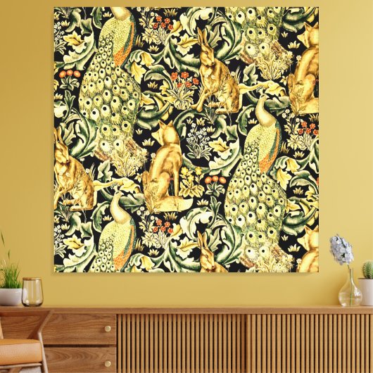 William Morris Forest Tapestry Fox Hare Peacock Leinwanddruck (Insitu (Wohnzimmer))
