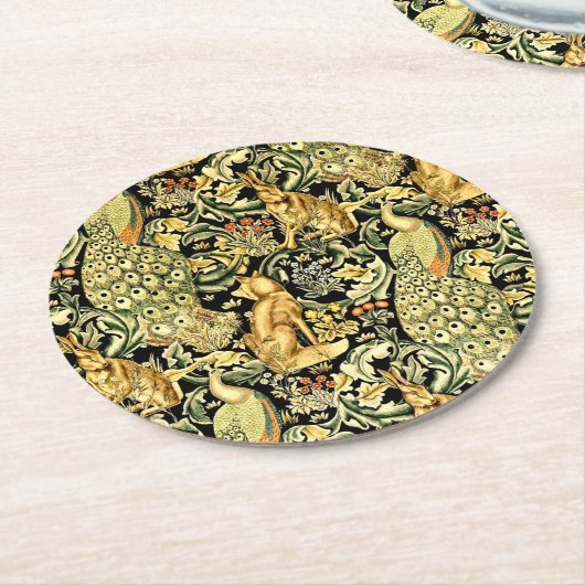 William Morris Forest Tapestry Fox Hare Peacock Runder Pappuntersetzer (Angewinkelt)