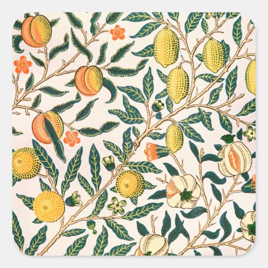 William Morris Fruit Pomegranate Weißer Ornament Quadratischer Aufkleber (Vorderseite)