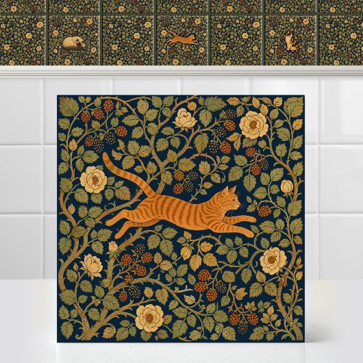 William Morris Ginger Tabby Katze springt über Bal Fliese