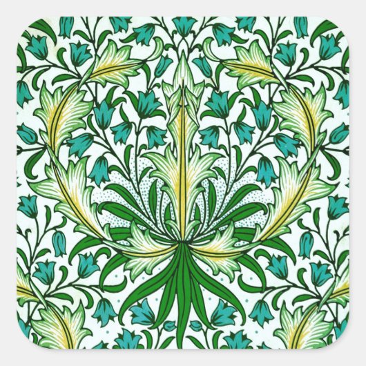 William Morris Gold Aqua Floral Wallpaper Quadratischer Aufkleber (Vorderseite)