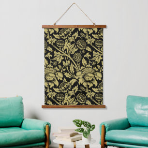 William Morris Gold und Black Floral Wandteppich Mit Holzrahmen