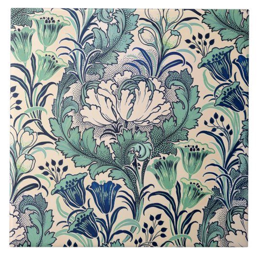 William Morris Green Aquamarin Creme Floral Patter Fliese (Vorderseite)