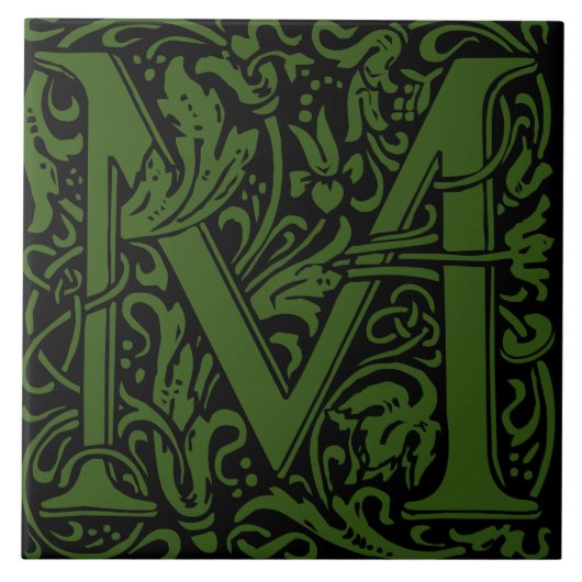 William Morris Green Monogramm-Brief M Fliese (Vorderseite)