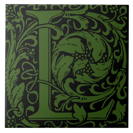 William Morris Green monogrammierter Buchstabe L Fliese (Vorderseite)