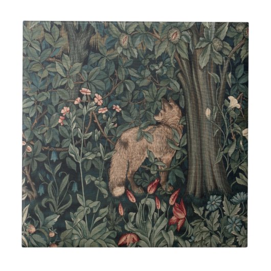 William Morris Greenery Fuchs Wildtier Kunst Fliese (Vorderseite)