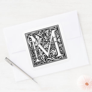 William Morris Großbuchstabe M auf Weiß Quadratischer Aufkleber