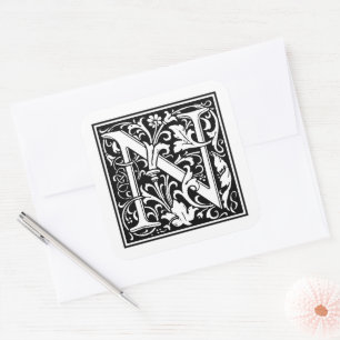 William Morris Großbuchstabe N auf Weiß Quadratischer Aufkleber