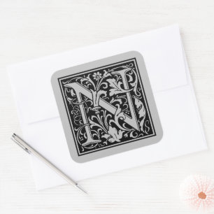 William Morris Großbuchstabe N Matt Silber Quadratischer Aufkleber