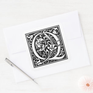 William Morris Großbuchstabe Q auf Weiß Quadratischer Aufkleber