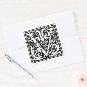 William Morris Großbuchstabe V auf Weiß Quadratischer Aufkleber