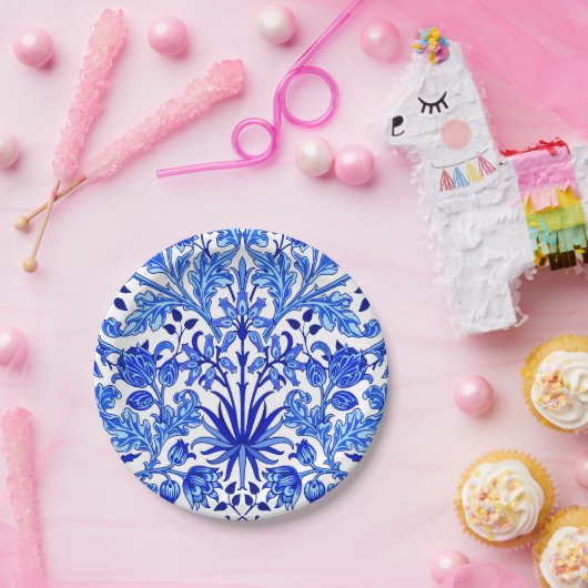 William Morris-Hyazinthen-Druck, Kobalt-Blau u. Pappteller (Party)