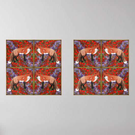 William Morris Inspired Fox with poppies bluebell Bilderwand Sets (Vorderseite)