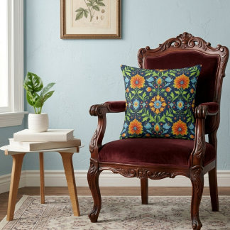 William Morris Inspired Pattern Orange Blue Flower Kissen