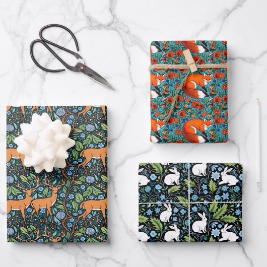 William Morris Inspiriert Hirsche, Fox und Kaninch Geschenkpapier Set (Vorderseite)