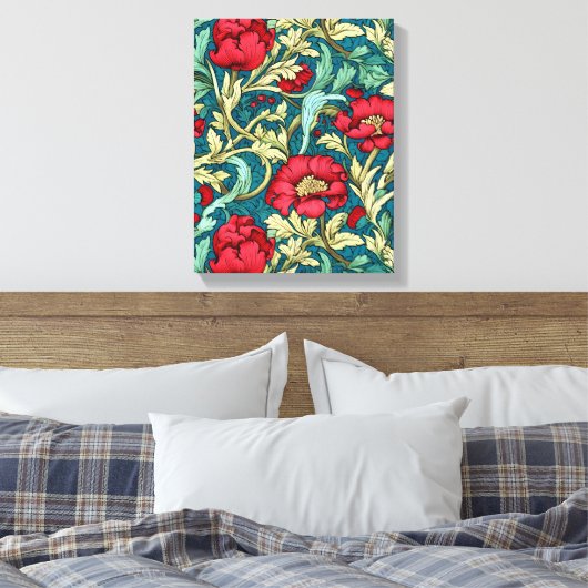 William Morris Inspiriert Red Blume Pattern Leinwanddruck (Insitu (Schlafzimmer))