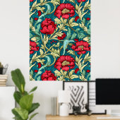 William Morris Inspiriert Red Blume Pattern Poster (Heimbüro)