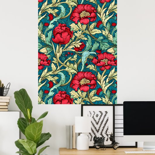 William Morris Inspiriert Red Blume Pattern Poster (Heimbüro)