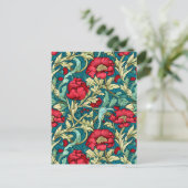 William Morris Inspiriert Red Blume Pattern Postkarte (Stehend Vorderseite)