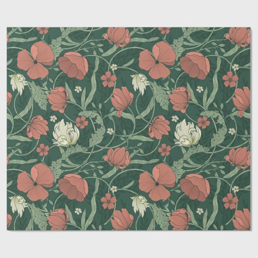 William Morris Inspirierte Green Red Botanical Flo Geschenkpapier (Flach)