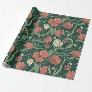 William Morris Inspirierte Green Red Botanical Flo Geschenkpapier