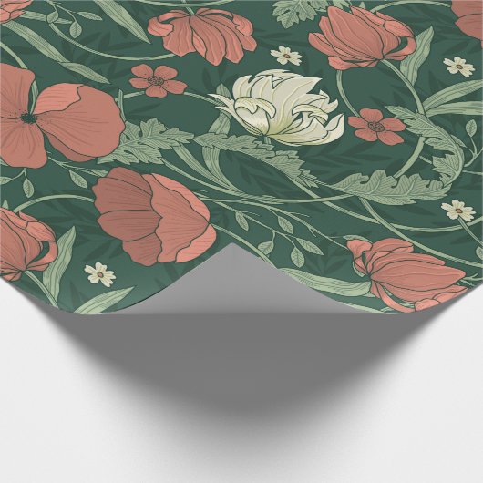 William Morris Inspirierte Green Red Botanical Flo Geschenkpapier (Ecke)