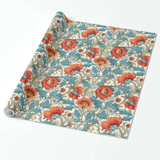 William Morris inspirierte Terracotta Pastellblau Geschenkpapier (Ungerollt)