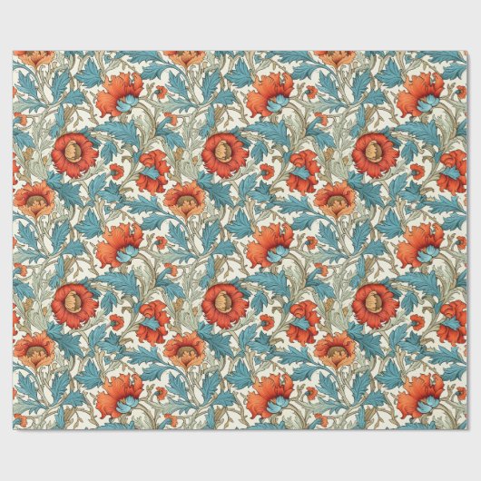 William Morris inspirierte Terracotta Pastellblau Geschenkpapier (Flach)