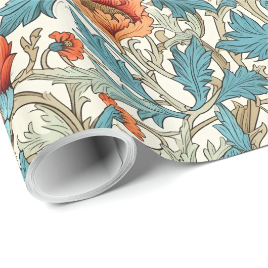 William Morris inspirierte Terracotta Pastellblau Geschenkpapier (Rolleneckpunkt)