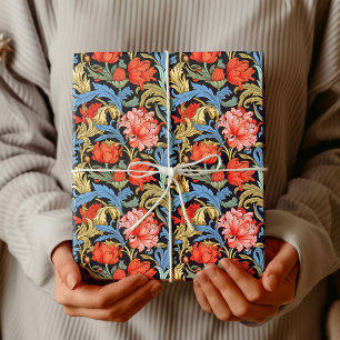 William Morris inspirierte tiefrotes Pastellblau Geschenkpapier