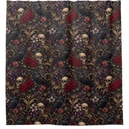 William Morris inspiriertes Muster Gothic-Schädel Duschvorhang (Vorderseite)