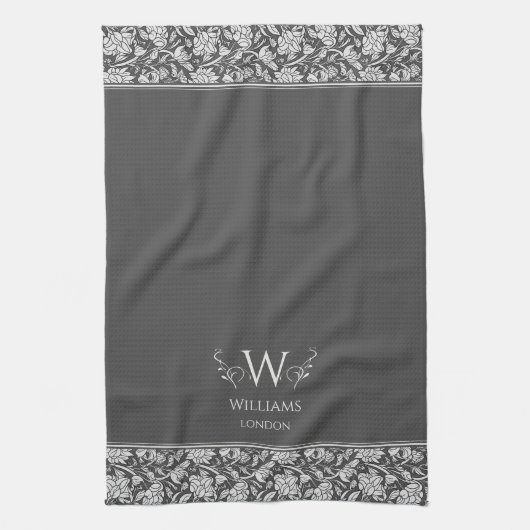 William Morris Inspo Charcoal Gray Floral Custom Geschirrtuch (Vertikal)