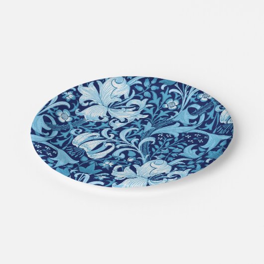 William Morris Iris und Lily, Indigo Blue Pappteller (Schrägansicht)