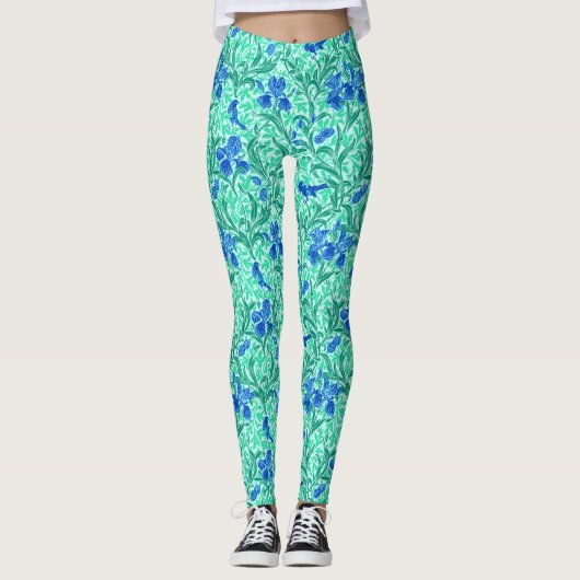 William Morris Irises, Cobalt Blue, Aqua und Aquam Leggings (Vorderseite)
