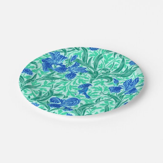 William Morris Irises, Cobalt Blue, Aqua und Aquam Pappteller (Schrägansicht)