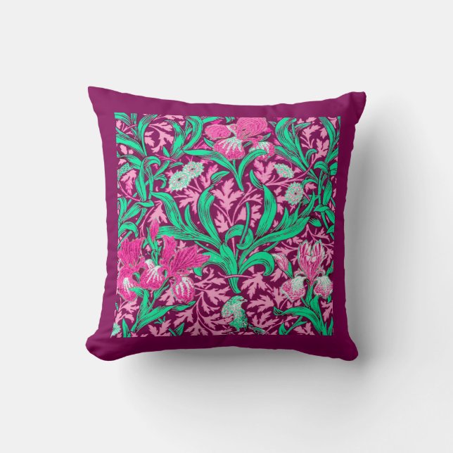 William Morris Irises, Fuchsia Pink und Wein Kissen (Vorderseite)