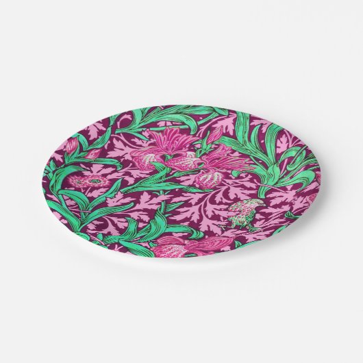 William Morris Irises, Fuchsia Pink und Wein Pappteller (Schrägansicht)