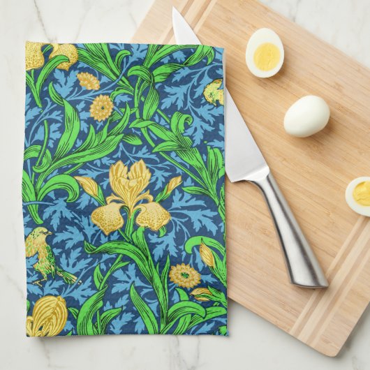 William Morris Irises, Gelb und Cobalt Blue Geschirrtuch (Viertel Falte)