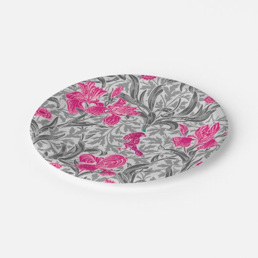 William Morris Irises, Pink und Silver Gray / Grau Pappteller (Schrägansicht)