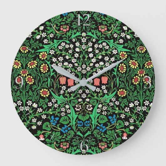 William Morris Jacobobobohne, floral, schwarzer Hi Große Wanduhr (Vorderseite)