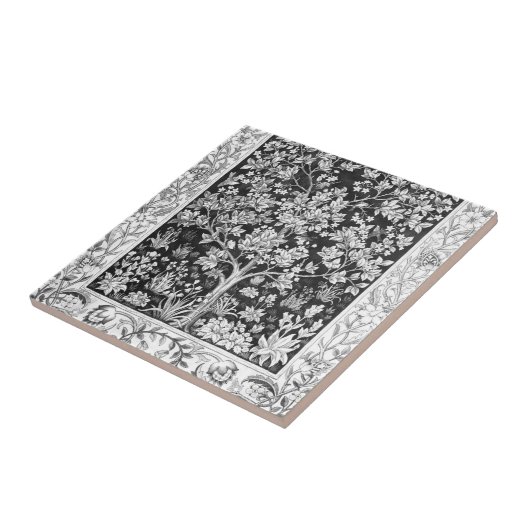 William Morris - Lebensbaum Schwarz-Weiß Fliese (Seite)