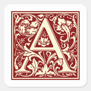 William Morris Letter A Monogram Initial Red Quadratischer Aufkleber