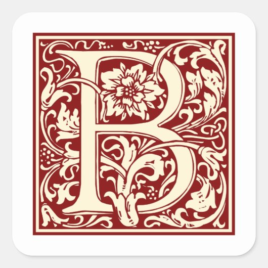 William Morris Letter B Monogram Initial Red Quadratischer Aufkleber (Vorderseite)
